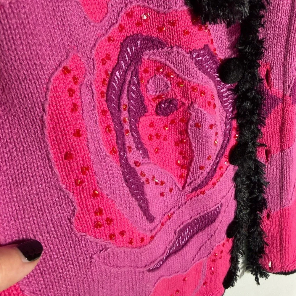 Vtg 90s Storybook Knits Pink Rose Beaded Knit Cardigan Sweater‎ Faux Fur Trim Sm
